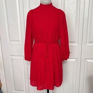 Ann Taylor Red Women's Lined Pleated Tie Mini Dress High Neck Long Sleeve XSP